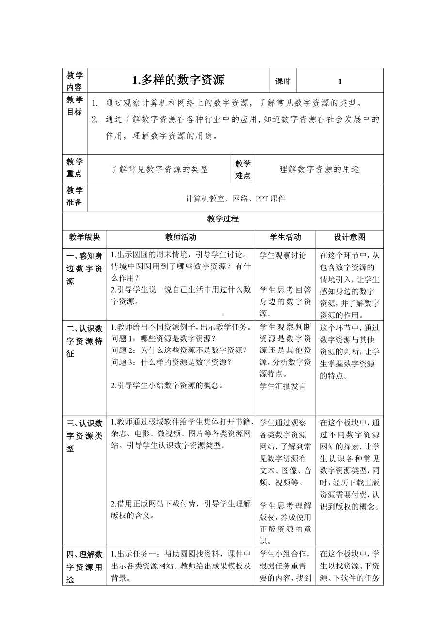 第1课《多样的数字资源》教案（表格式）-2024新浙教版三年级下册《信息科技》.docx_第1页