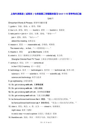 上海牛津英语（试用本）七年级第二学期期末复习Unit 1-10常考考点汇编.docx