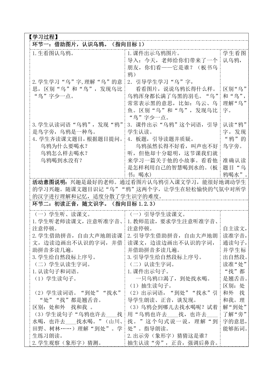 9乌鸦喝水 教学设计（表格式2课时）+作业设计-2024新统编版一年级上册《语文》.doc_第2页