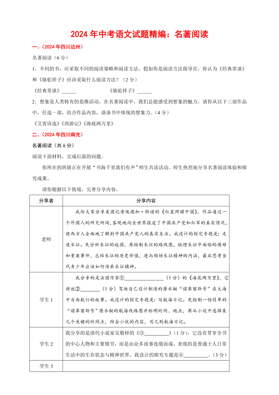 2024年中考语文真题精选分类汇编：名著阅读（含答案）.doc_第1页