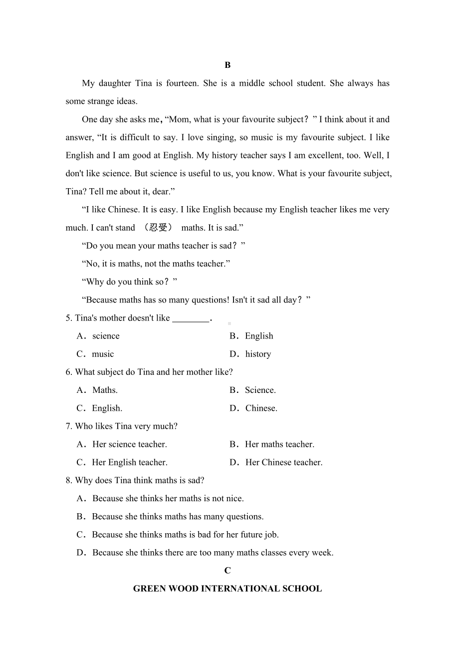 Unit 4 My Favourite Subject 学情评估（含答案）-2024新人教版七年级上册《英语》.doc_第2页