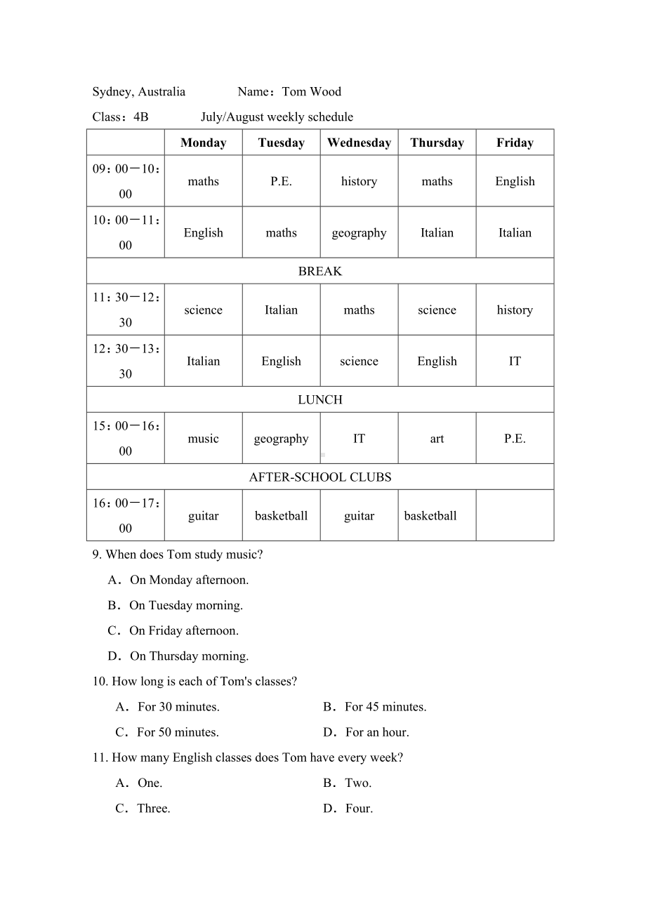 Unit 4 My Favourite Subject 学情评估（含答案）-2024新人教版七年级上册《英语》.doc_第3页