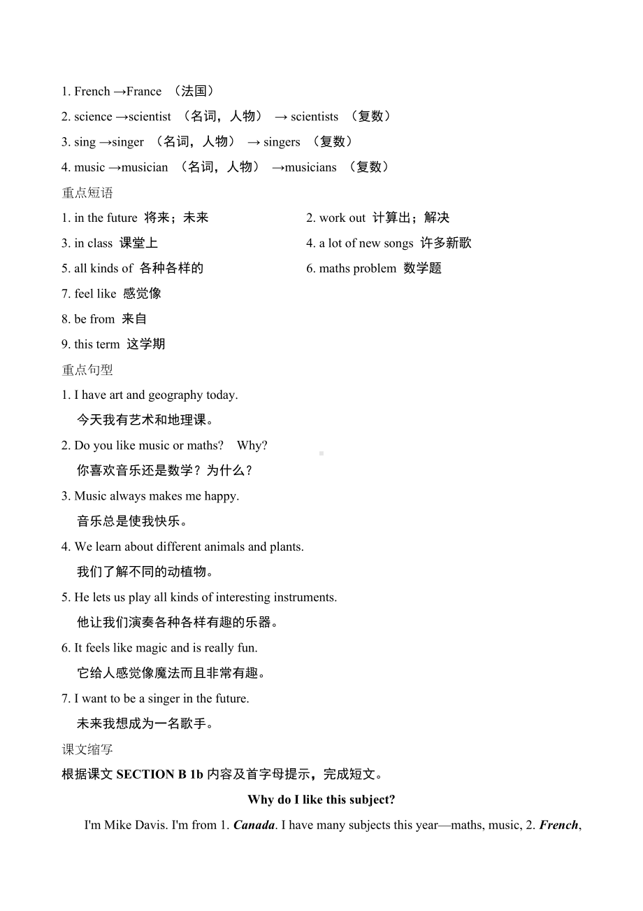 Unit 4 My Favourite Subject重点单词短语句型背诵-2024新人教版七年级上册《英语》.doc_第3页