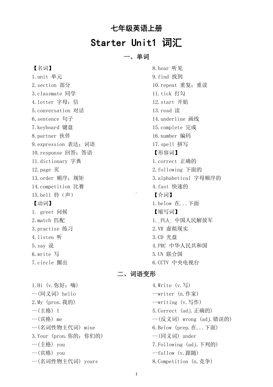 初中英语新人教版七年级上册Starter Unit1 词汇整理.doc_第1页