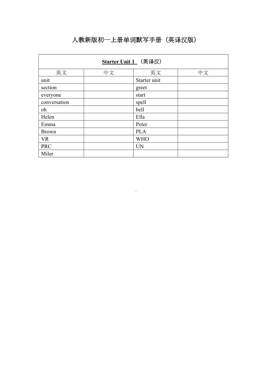 2024新人教版七年级上册《英语》Starter Unit 1 单词默写手册 (英译汉版).docx_第1页