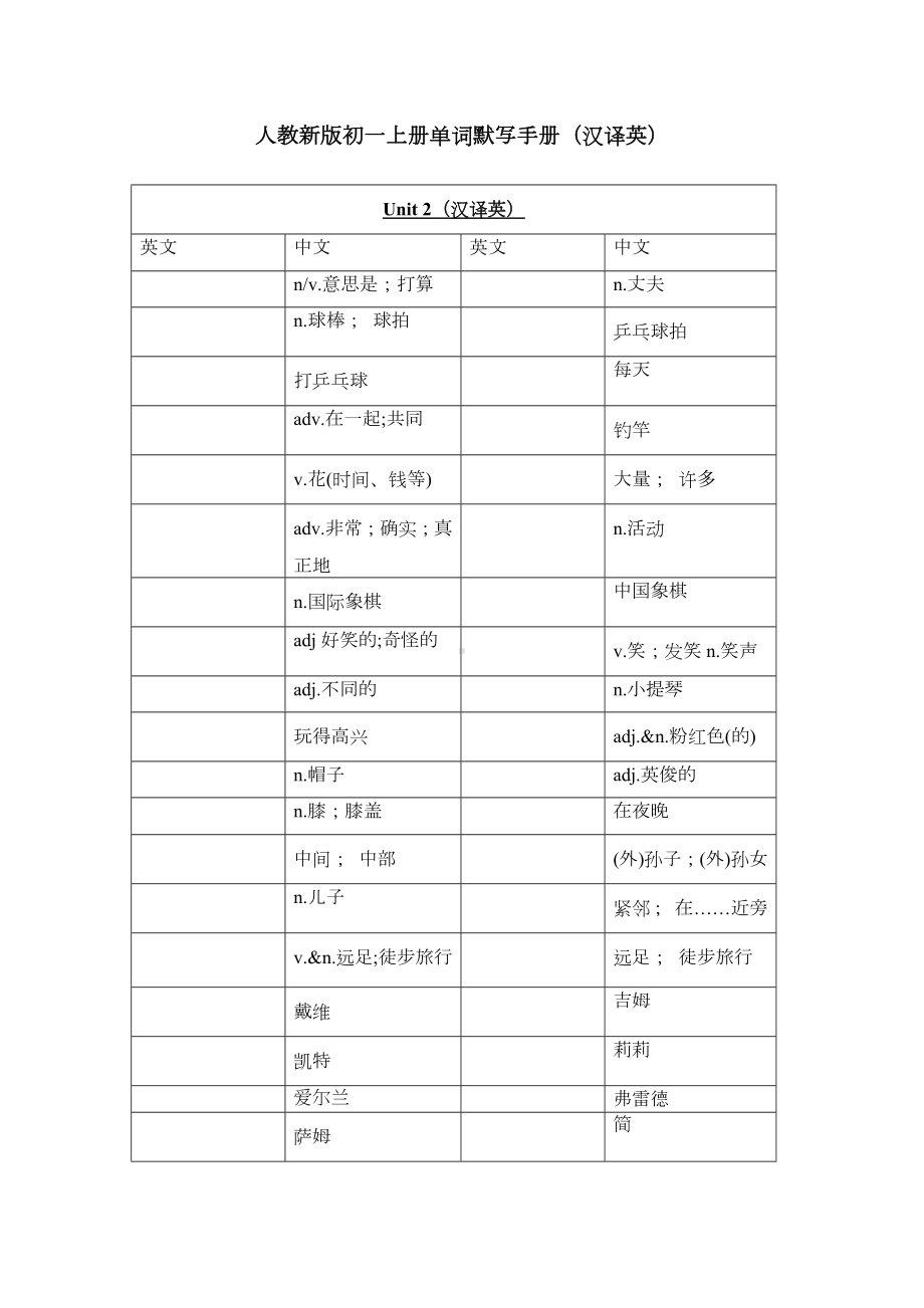 2024新人教版七年级上册《英语》Unit 2 单词默写手册 (汉译英版).docx_第1页