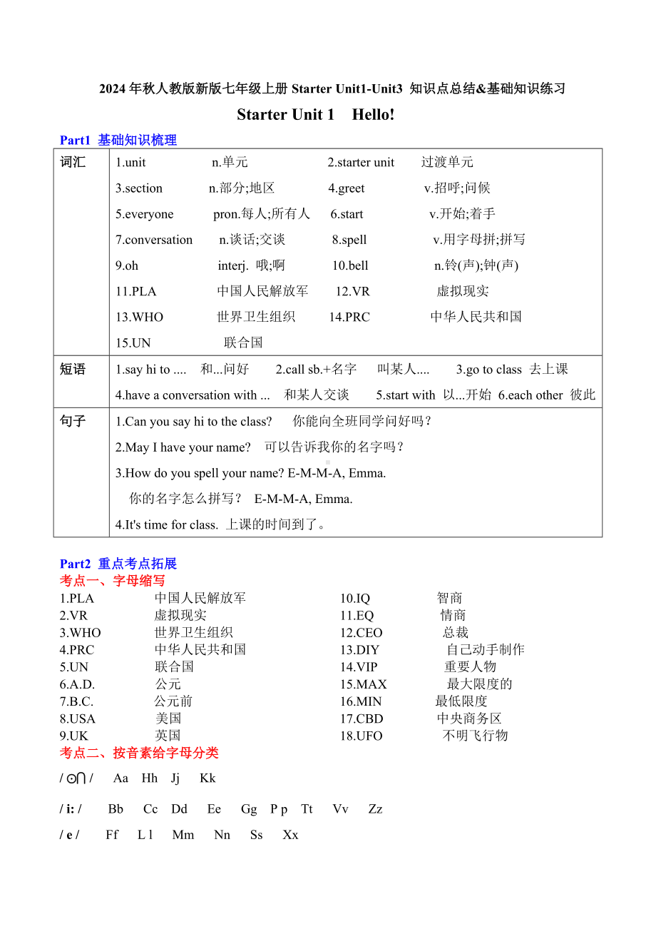 Starter Unit1~Unit3知识点总结&基础知识练习-2024新人教版七年级上册《英语》.docx_第1页