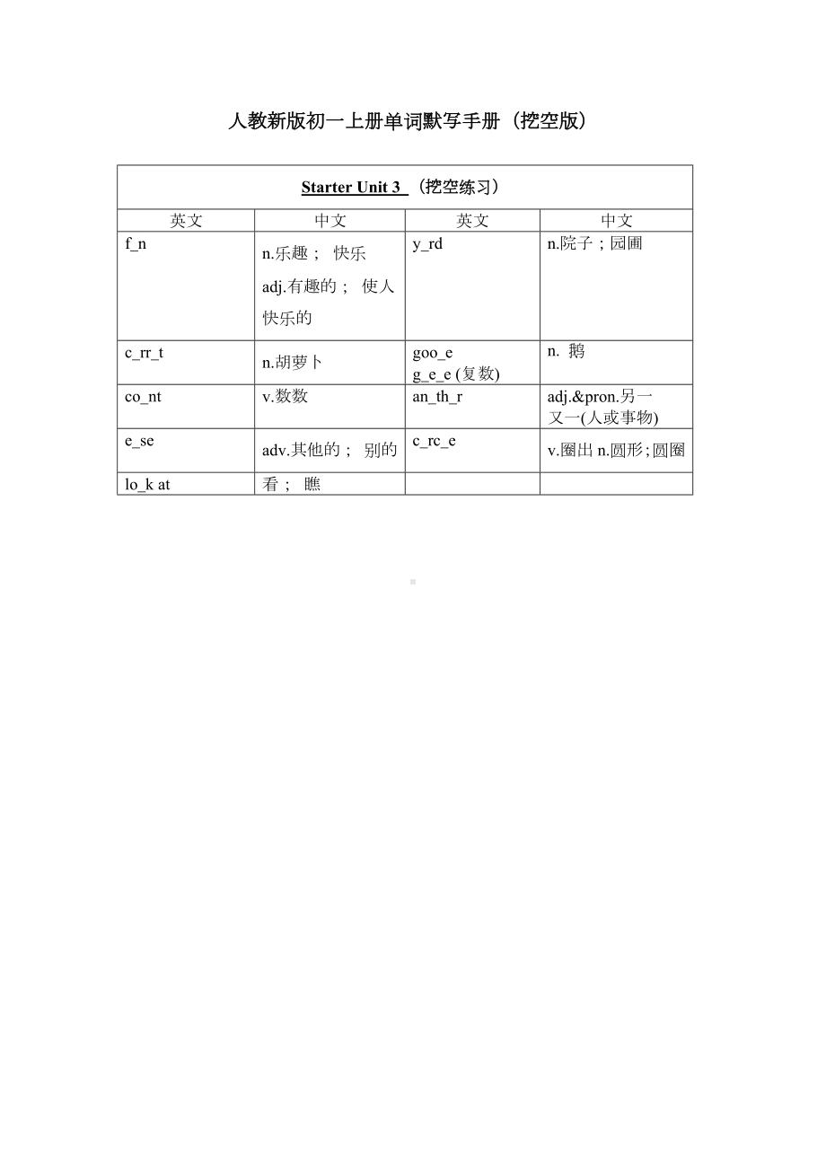 2024新人教版七年级上册《英语》Starter Unit 3 单词默写手册 (挖空版).docx_第1页