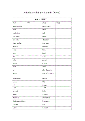 2024新人教版七年级上册《英语》Unit 1 单词默写手册 (英译汉版).docx