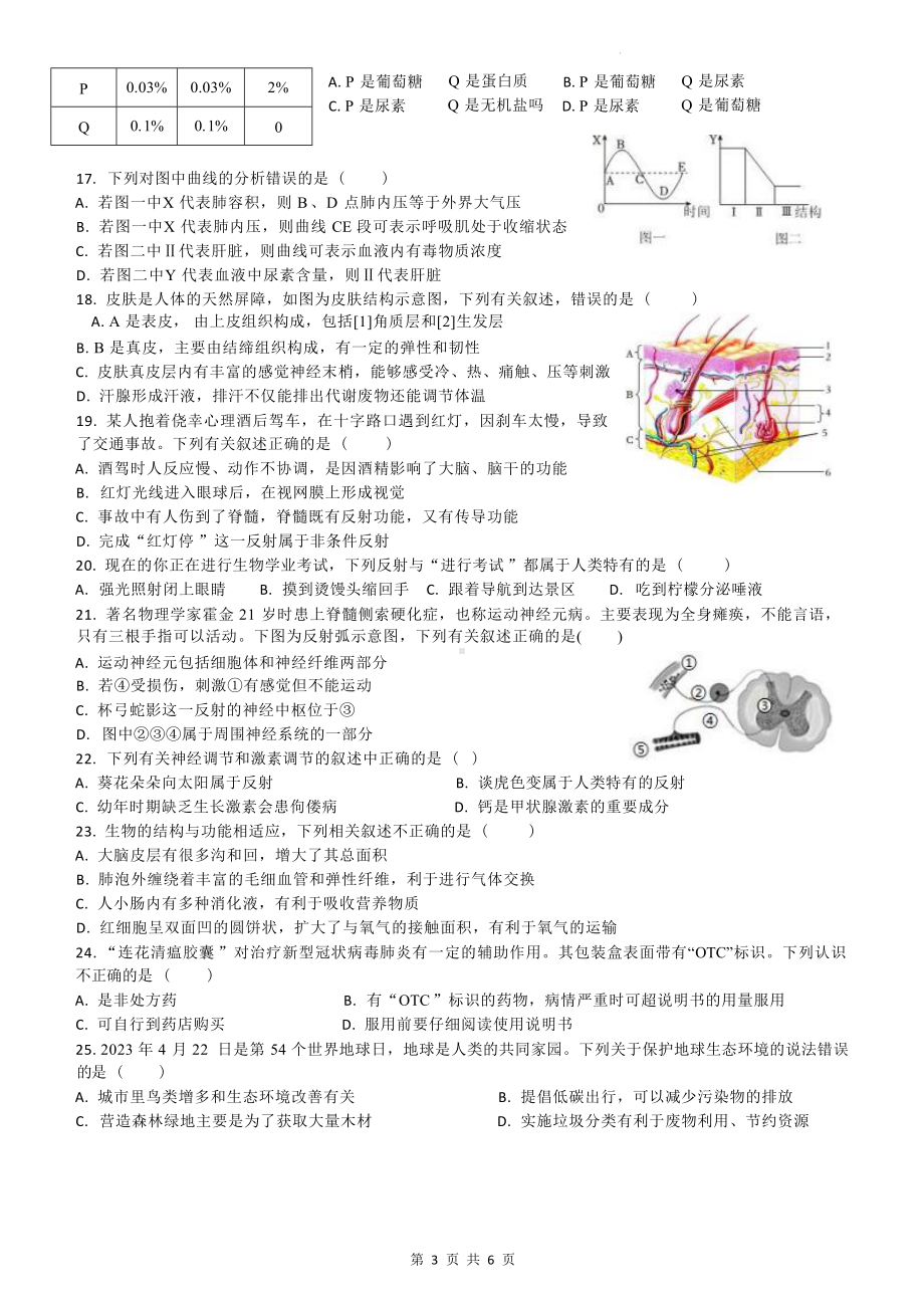 2023-2024 学年度七年级下学期生物学期末测试.docx_第3页