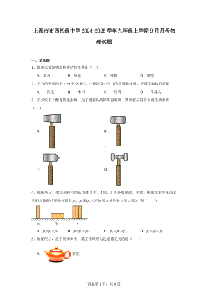 上海市市西初级中学2024-2025学年九年级上学期9月月考物理试题.docx