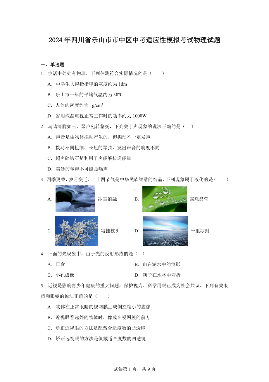 2024年四川省乐山市市中区中考适应性模拟考试物理试题.docx_第1页