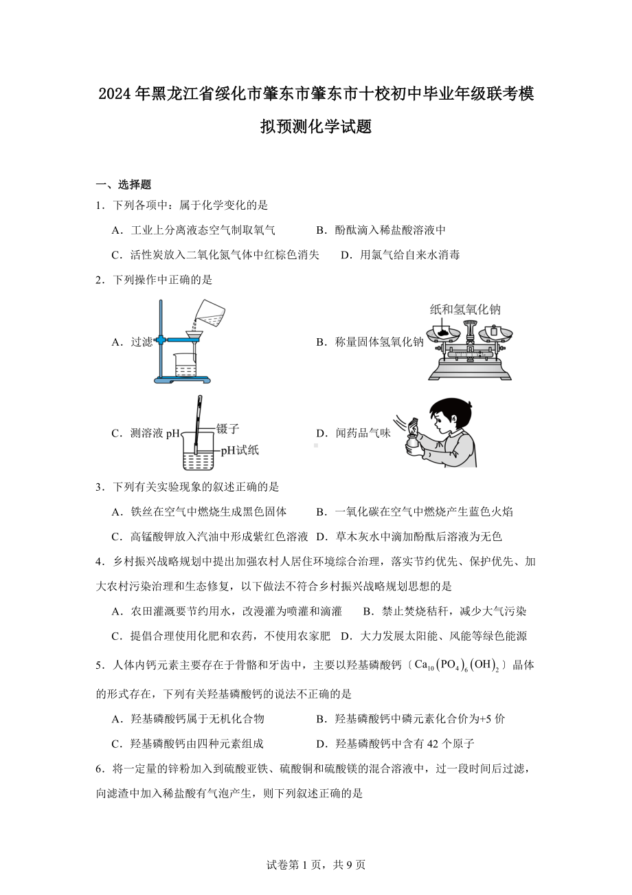 2024年黑龙江省绥化市肇东市肇东市十校初中毕业年级联考模拟预测化学试题.docx_第1页