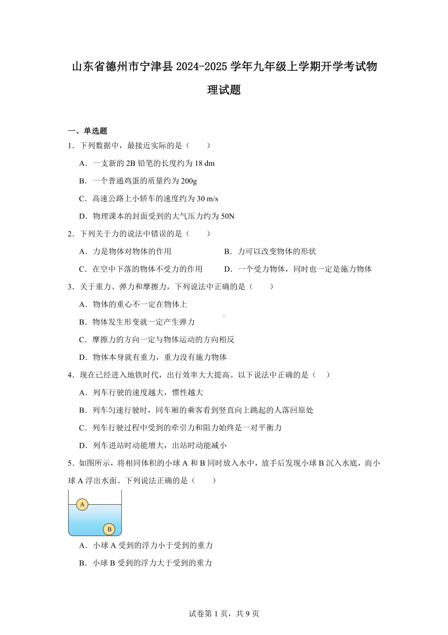 山东省德州市宁津县2024-2025学年九年级上学期开学考试物理试题.docx_第1页