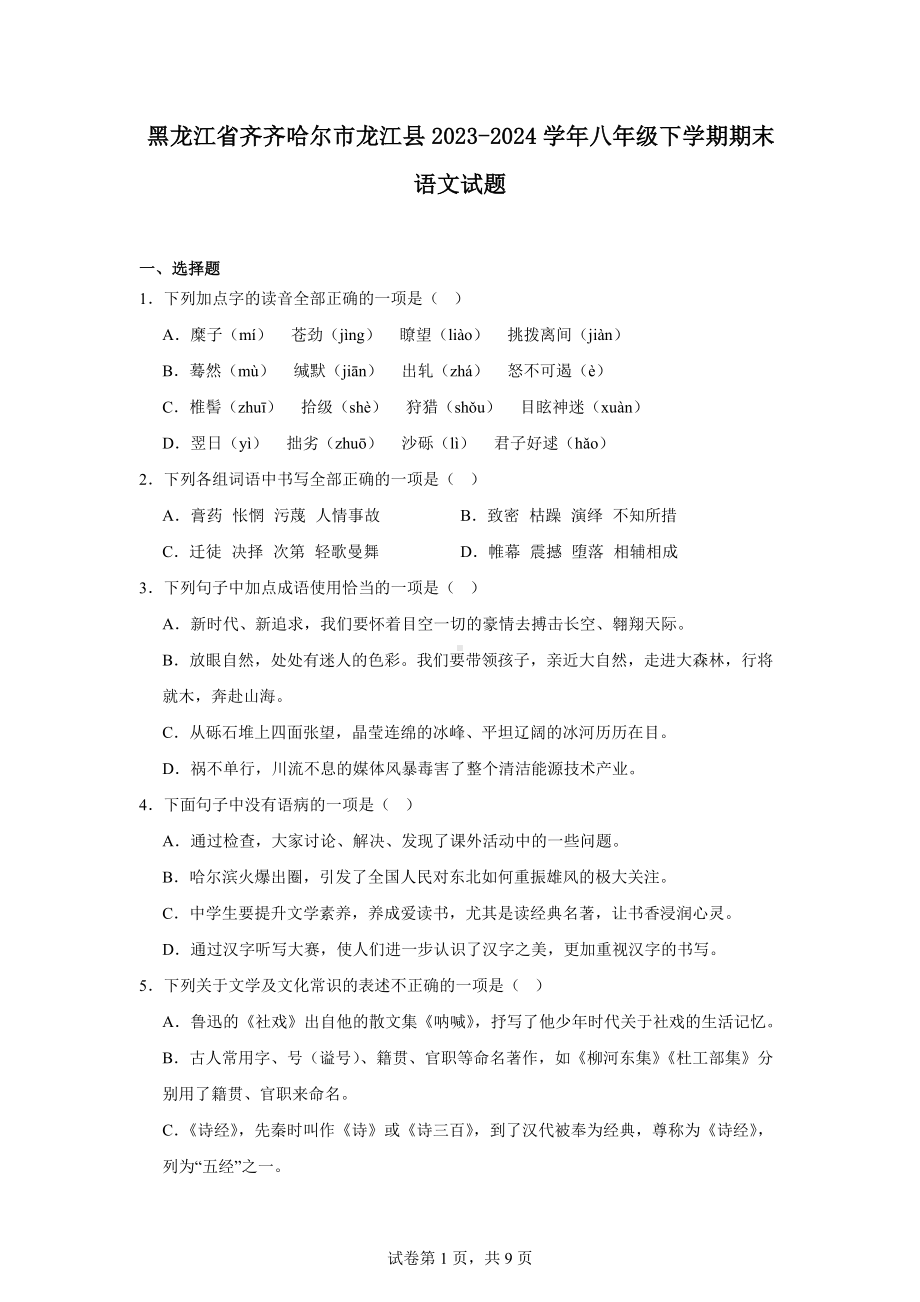 黑龙江省齐齐哈尔市龙江县2023-2024学年八年级下学期期末语文试题.docx_第1页