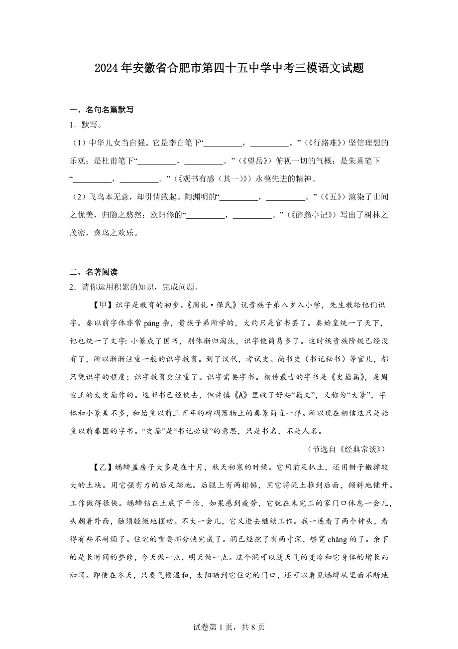 2024年安徽省合肥市第四十五中学中考三模语文试题.docx_第1页