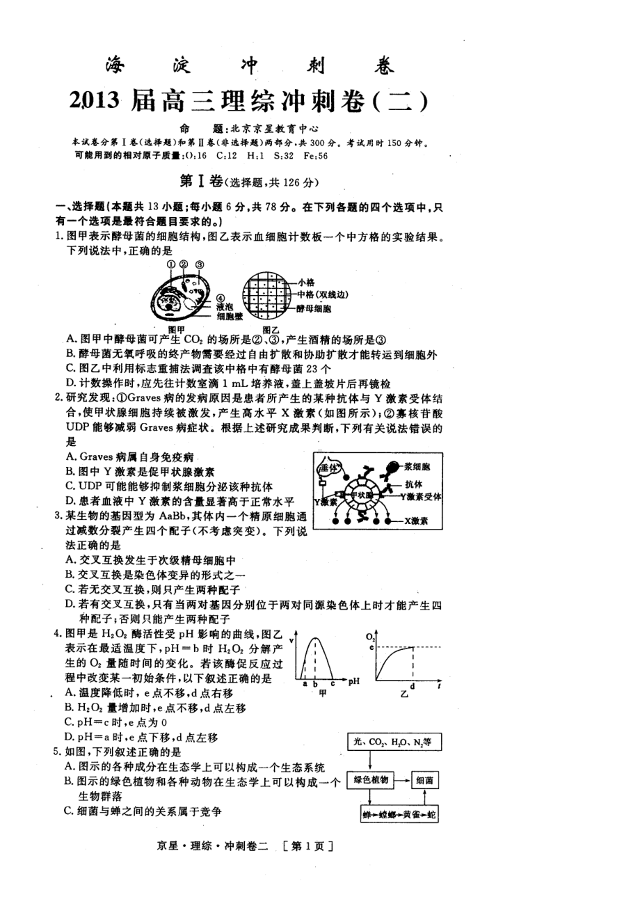 北京市海淀区2013届高三冲刺卷(二)理综试题（扫描版）.doc_第1页