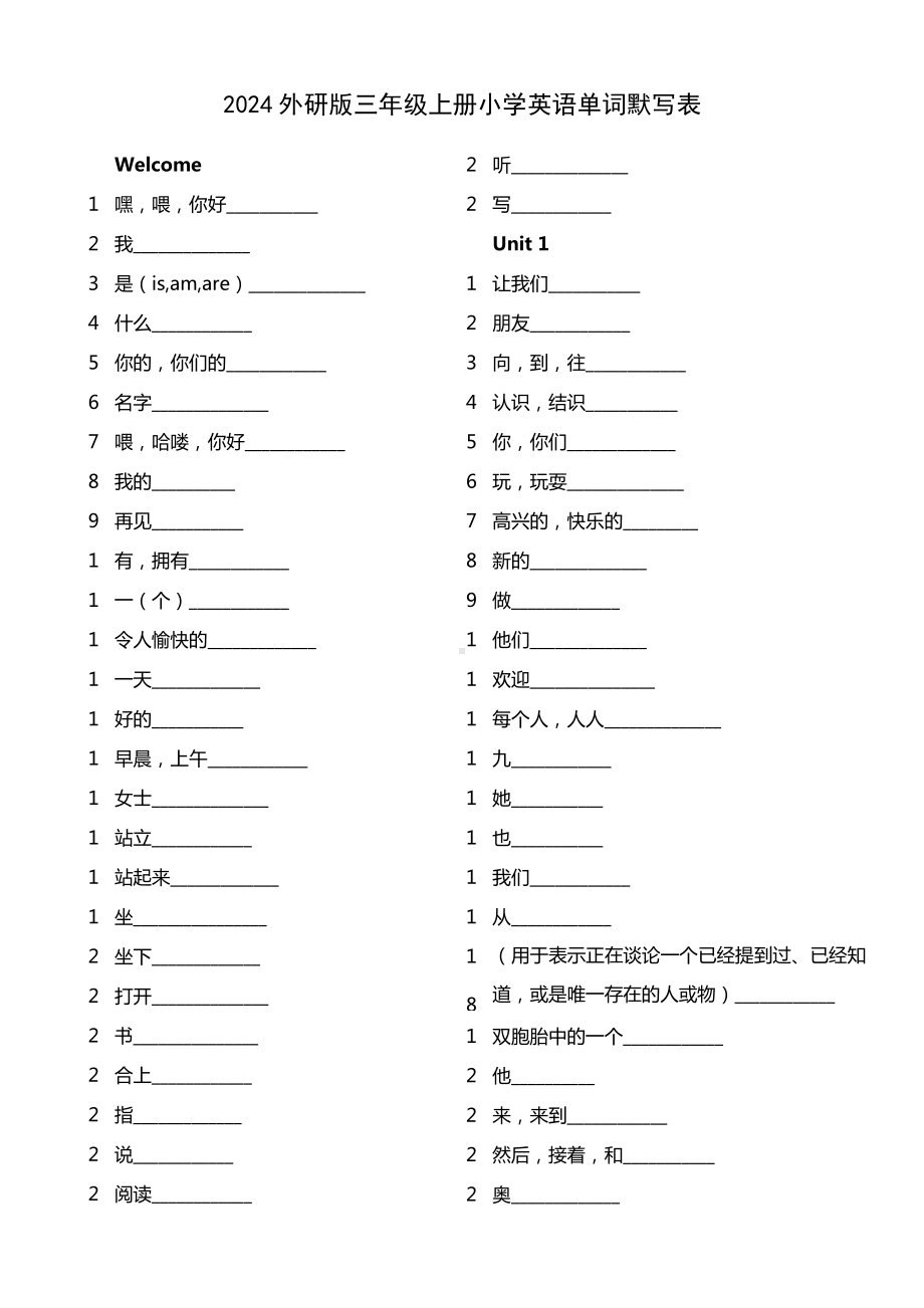 单词默写表（知识清单）-2024新外研版（三起）三年级上册《英语》.docx_第1页