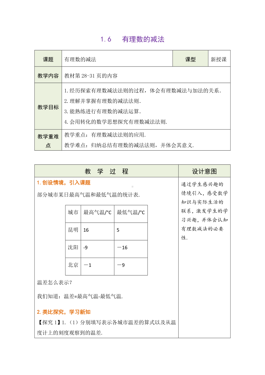 1.6 有理数的减法教学设计 （表格式）-2024新冀教版七年级上册《数学》.docx_第1页