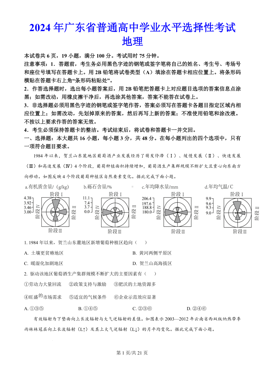 2024年广东省高考（地理）科目（真题卷+答案解析版）.docx_第1页