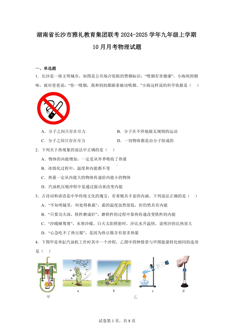 湖南省长沙市雅礼教育集团联考2024-2025学年九年级上学期10月月考物理试题.docx_第1页