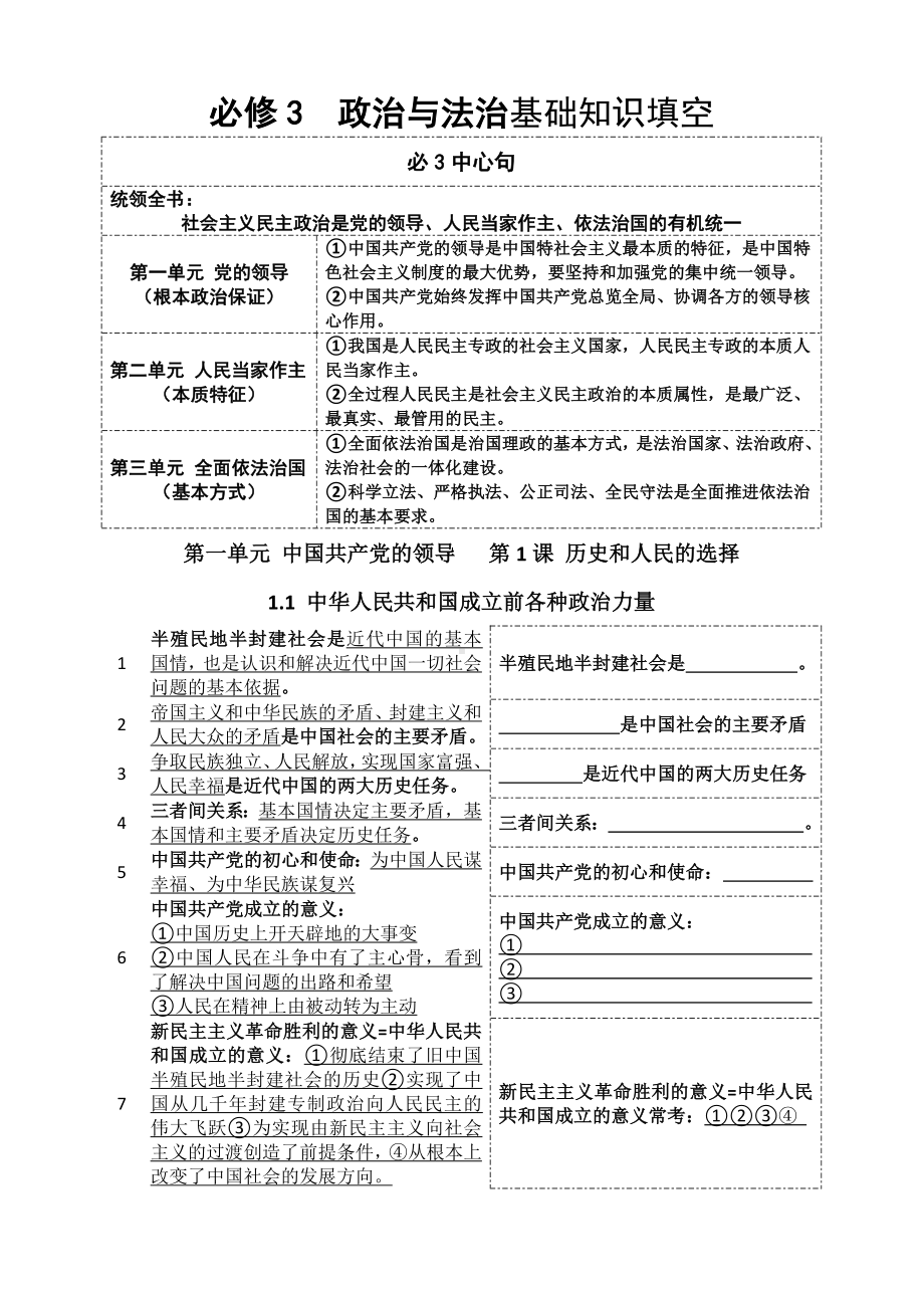 政治与法治基础知识填空-2025届高考政治一轮复习统编版必修三.docx_第1页