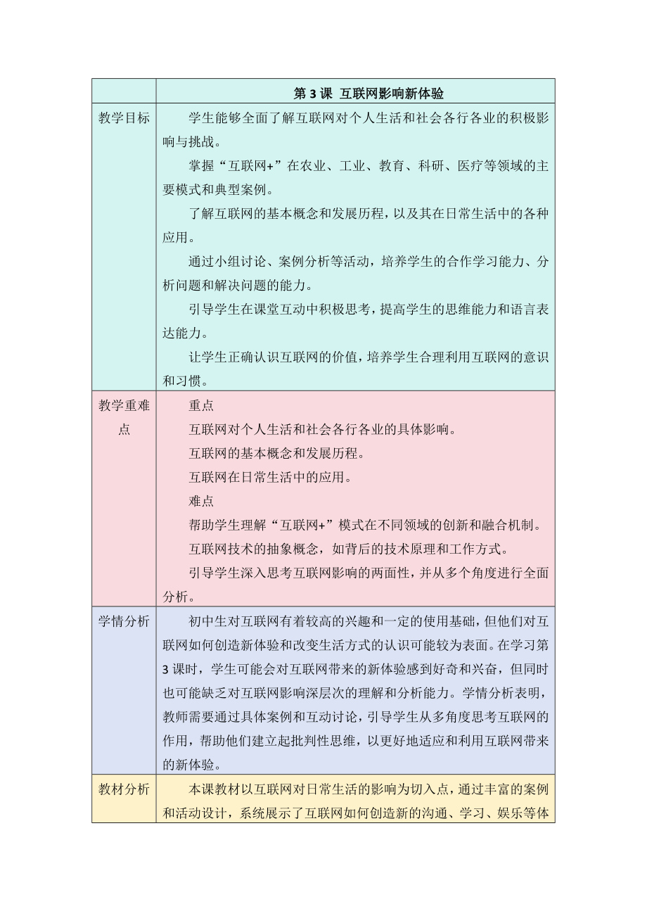 第一单元第三节课《互联网影响新体验》教学设计-2024新人教版七年级全一册《信息科技》.docx_第1页