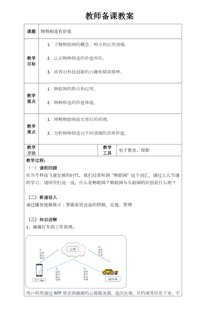 第4课 物物相连有价值教学设计-2024新人教版八年级全一册《信息科技》.docx_第1页