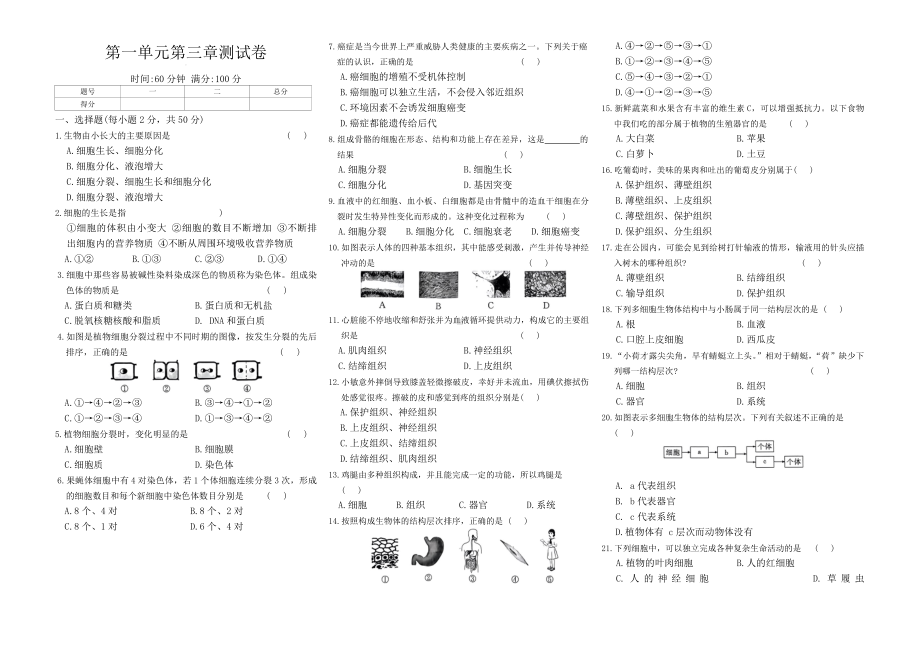 2024新人教版七年级上册《生物》第一单元第三章从细胞到生物体测试卷.docx_第1页