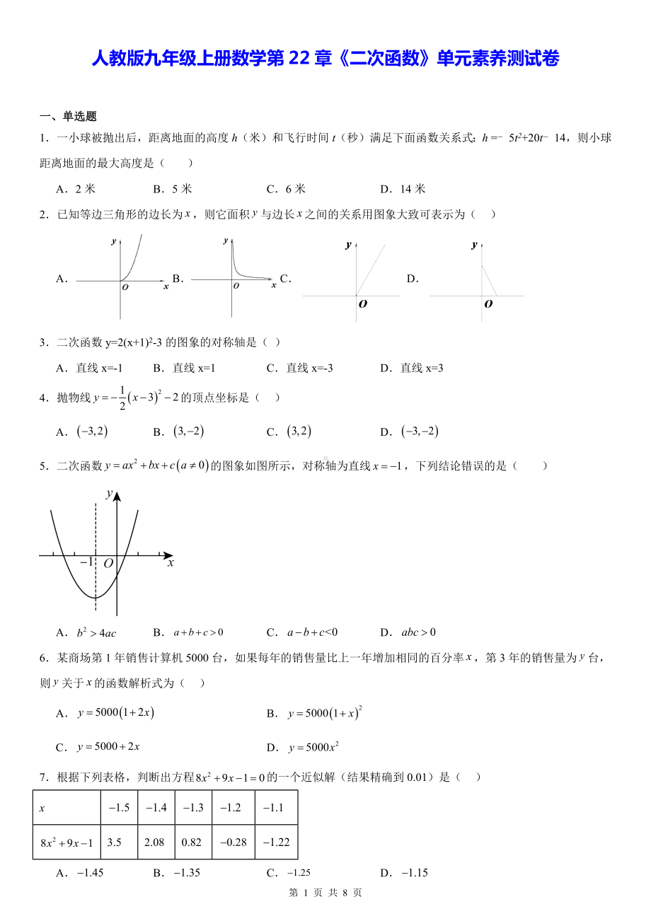 人教版九年级上册数学第22章《二次函数》单元素养测试卷（含答案）.docx_第1页