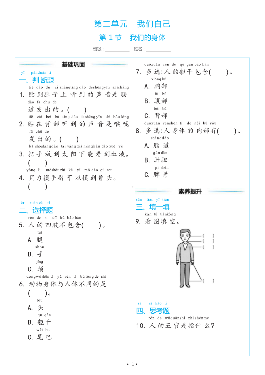 2.1 我们的身体（同步练习）-2024新教科版一年级上册《科学》.docx_第1页