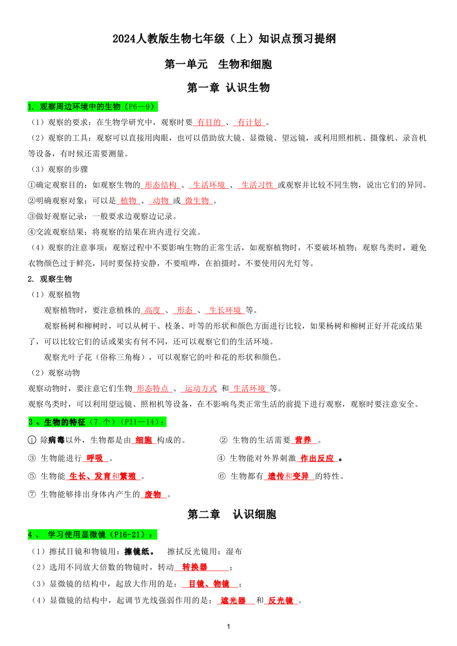 2024新人教版七年级上册《生物》知识点预习提纲.pdf_第1页