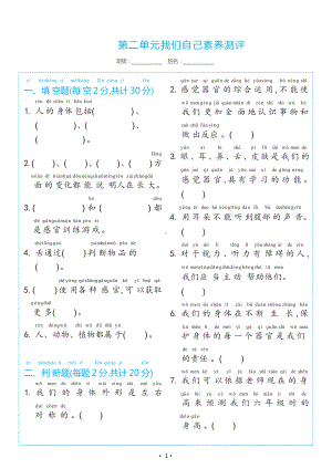 2024新教科版一年级上册《科学》第二单元我们自己 素养测评（试卷）.docx