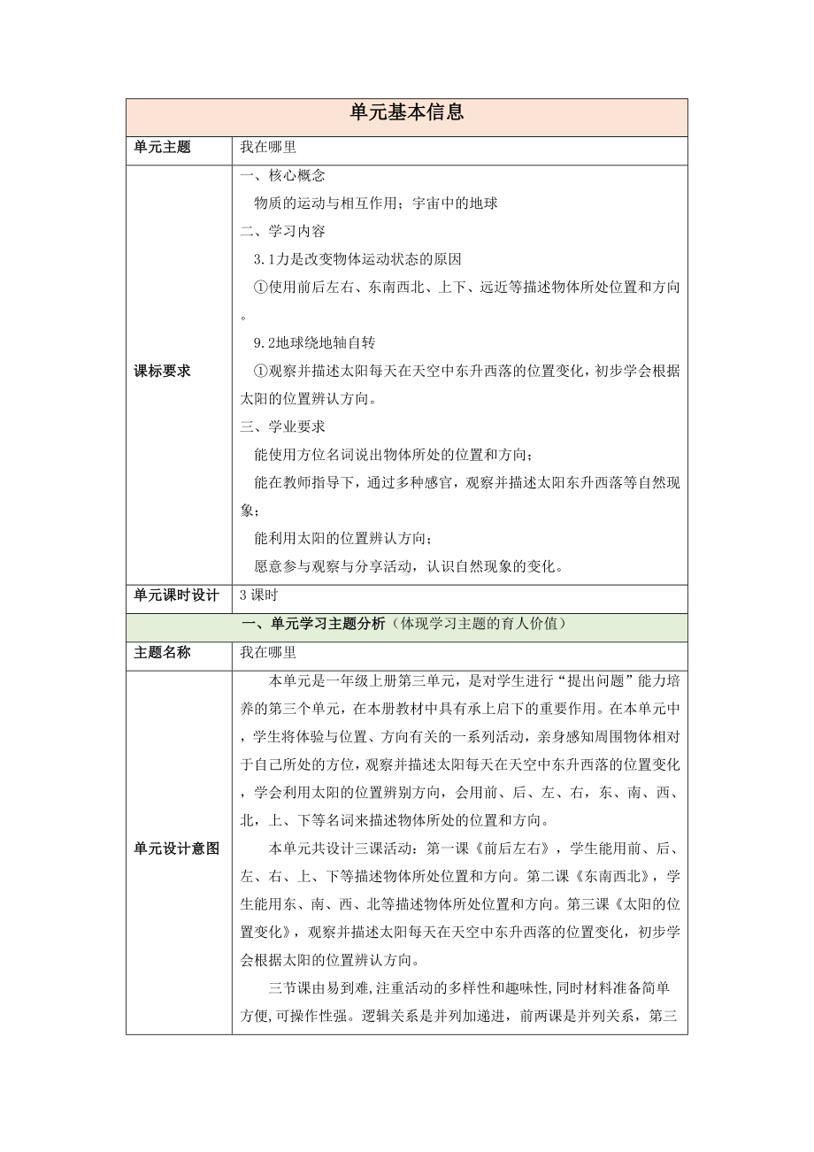 2024新大象版一年级上册《科学》第三单元《我在哪里》整体设计.docx_第1页