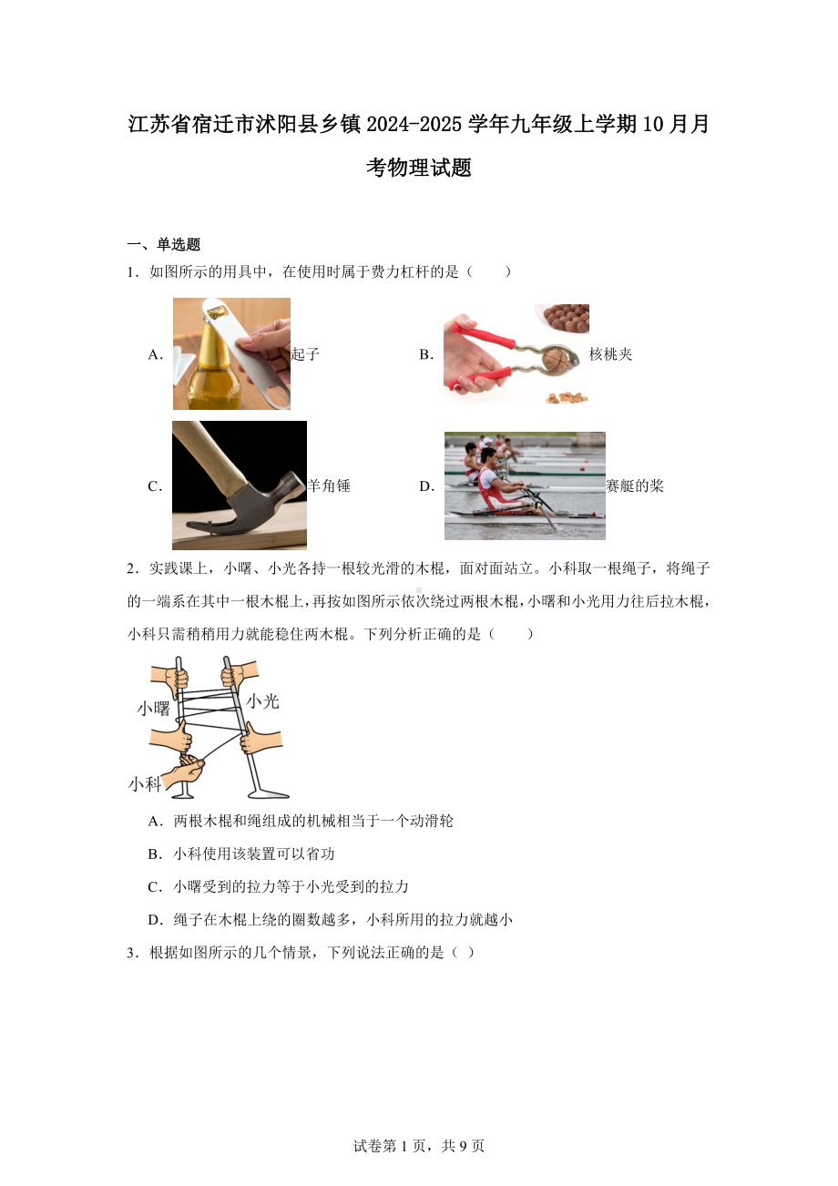 江苏省宿迁市沭阳县乡镇2024-2025学年九年级上学期10月月考物理试题.docx_第1页