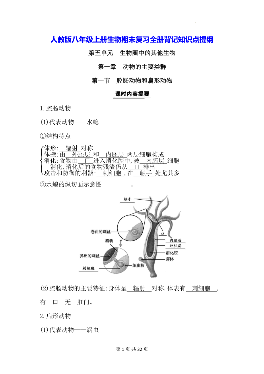 人教版八年级上册生物期末复习全册背记知识点提纲.docx_第1页