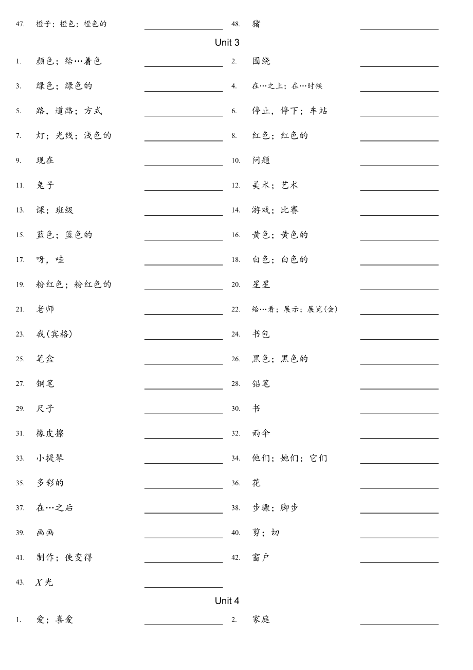 2024新闽教版三年级上册《英语》Unit 1 - Unit 4 单词默写汉译英（无答案）.docx_第3页