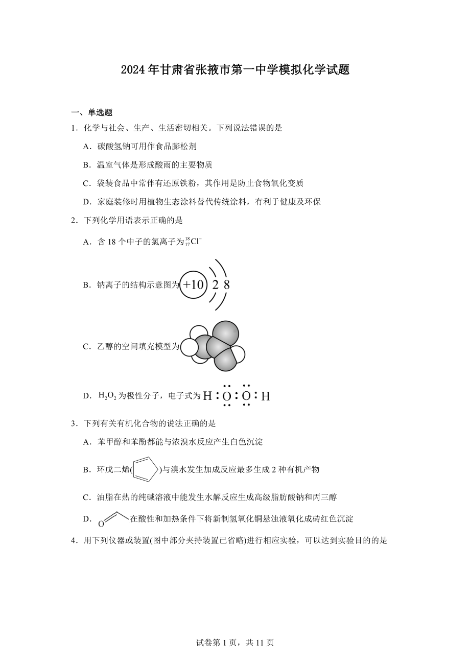 2024年甘肃省张掖市第一中学模拟化学试题.docx_第1页