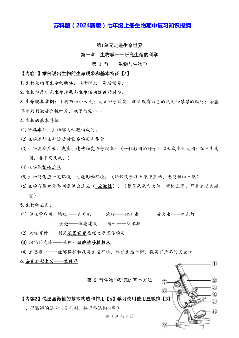 苏科版（2024新版）七年级上册生物期中复习知识提纲.docx_第1页