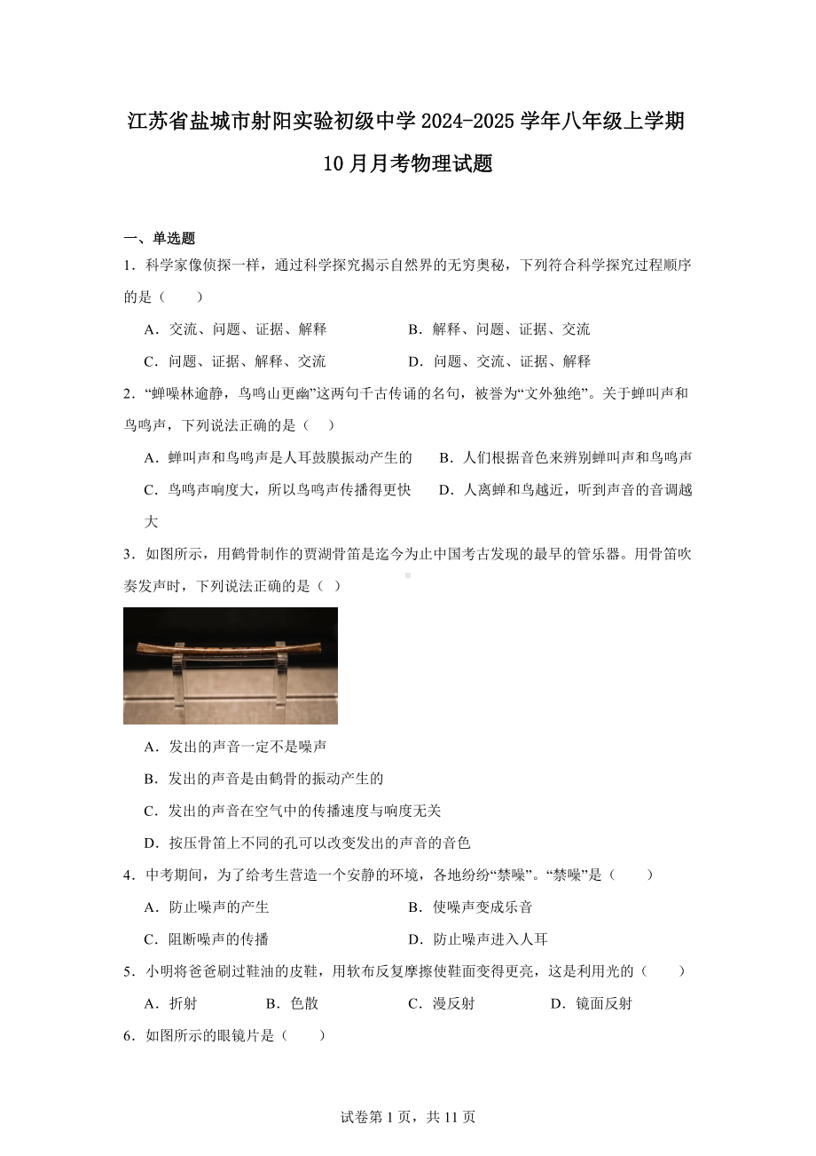 江苏省盐城市射阳实验初级中学2024-2025学年八年级上学期10月月考物理试题.docx_第1页