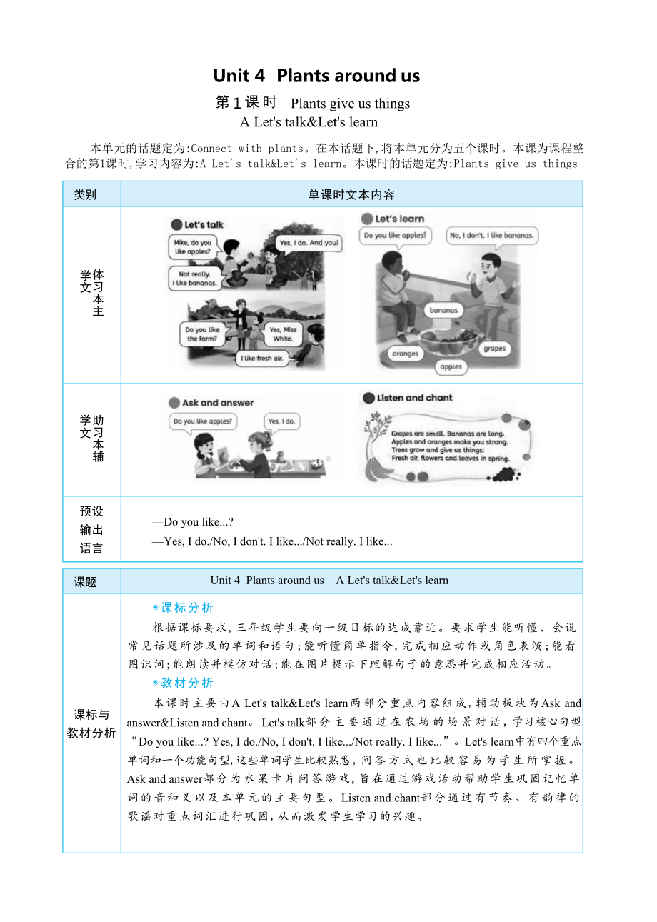 PEP三上英语Unit 4Plants around us Part A Let's talk&Let's learn教学设计.docx_第1页