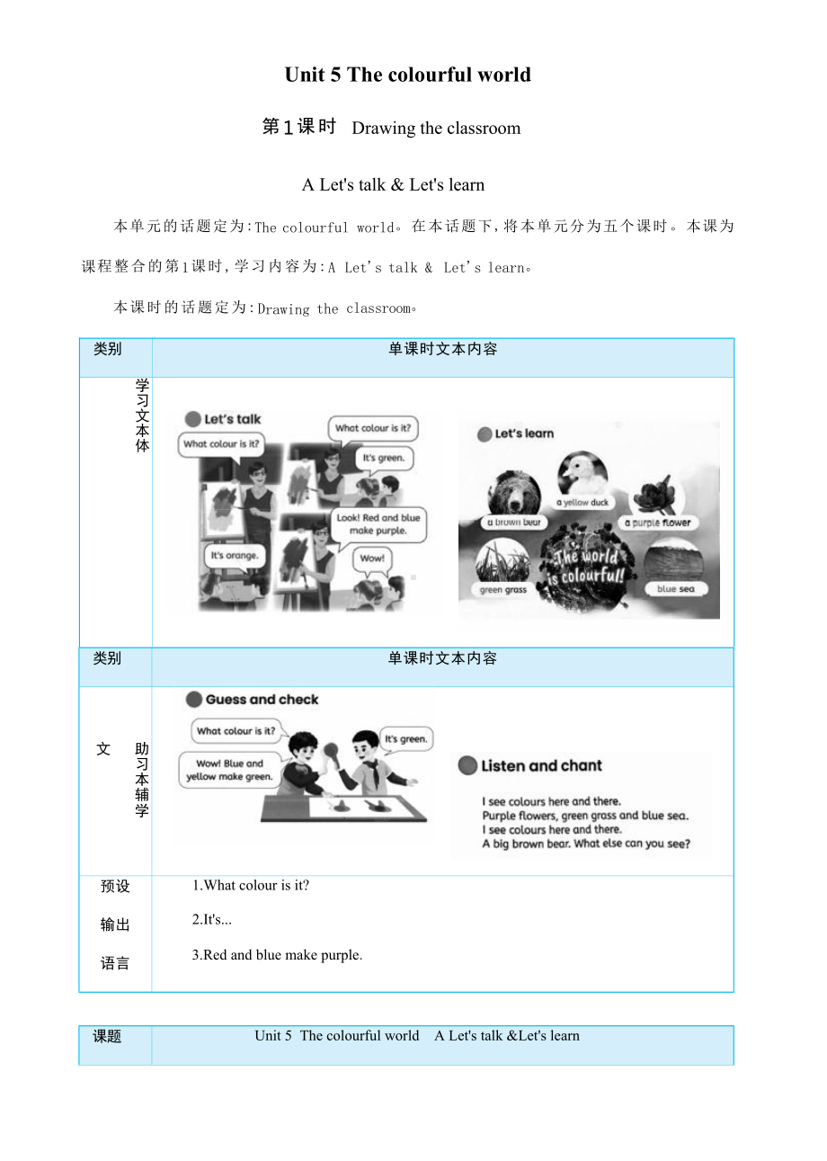 PEP三上英语Unit 5 The colourful world Part A Let's talk & Let's learn教学设计.docx_第1页