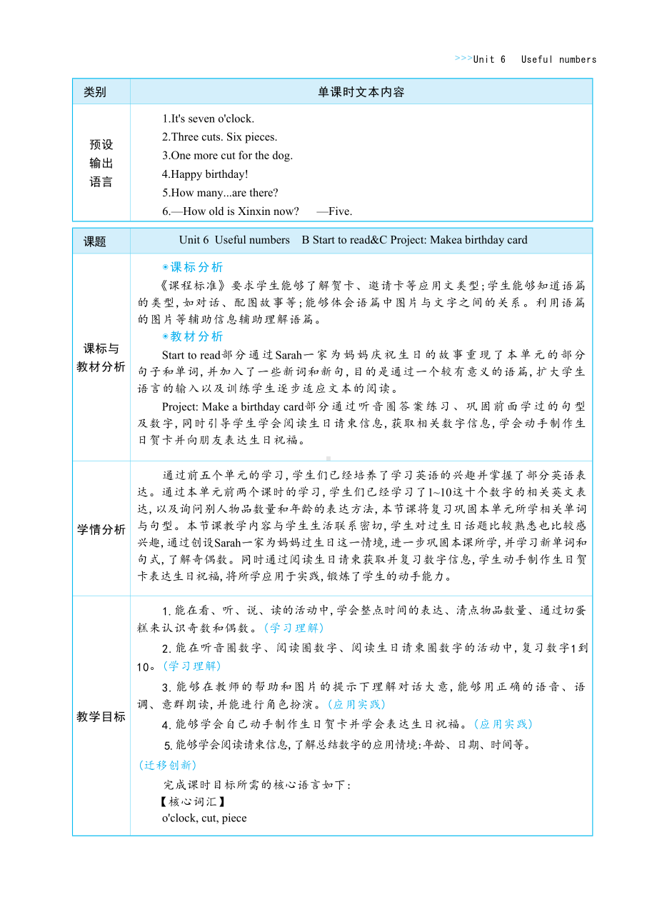 PEP三上英语Unit 6 Useful numbers Part B Start to read & C Project Make a birthday card整体教学设计.docx_第2页