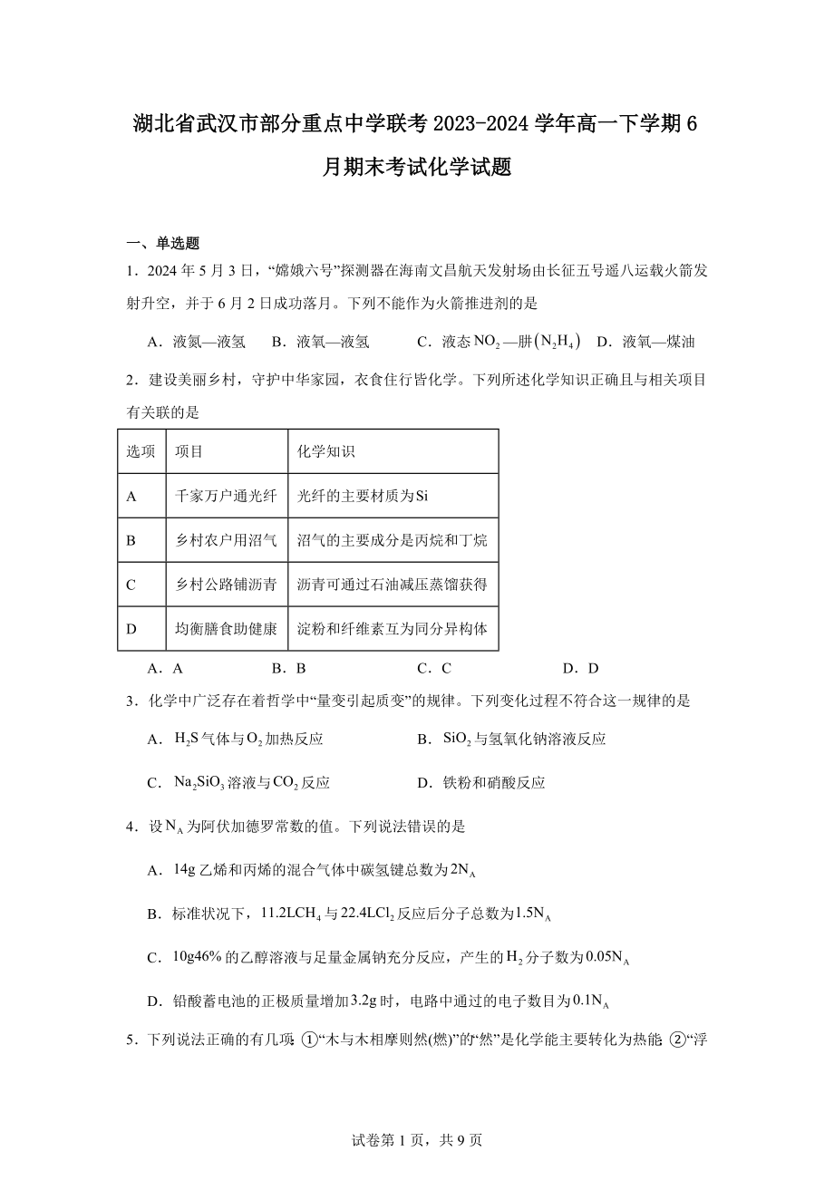 湖北省武汉市部分重点中学联考2023-2024学年高一下学期6月期末考试化学试题.docx_第1页