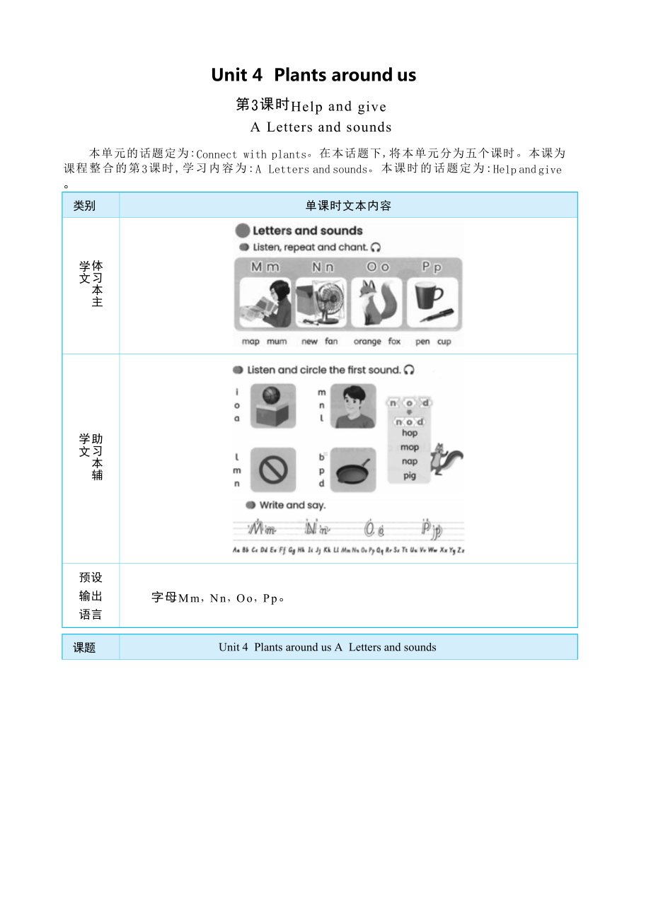 PEP三上英语Unit 4Plants around us Part A Letters andsounds教学设计.docx_第1页