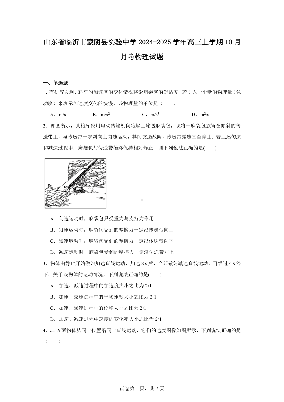 山东省临沂市蒙阴县实验中学2024-2025学年高三上学期10月月考物理试题.docx_第1页