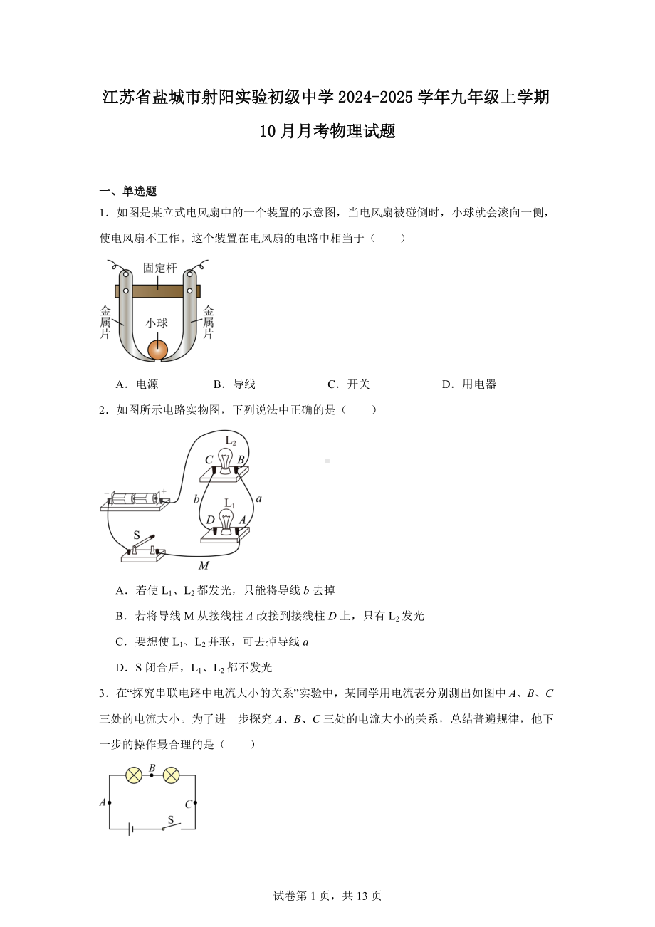 江苏省盐城市射阳实验初级中学2024-2025学年九年级上学期10月月考物理试题.docx_第1页