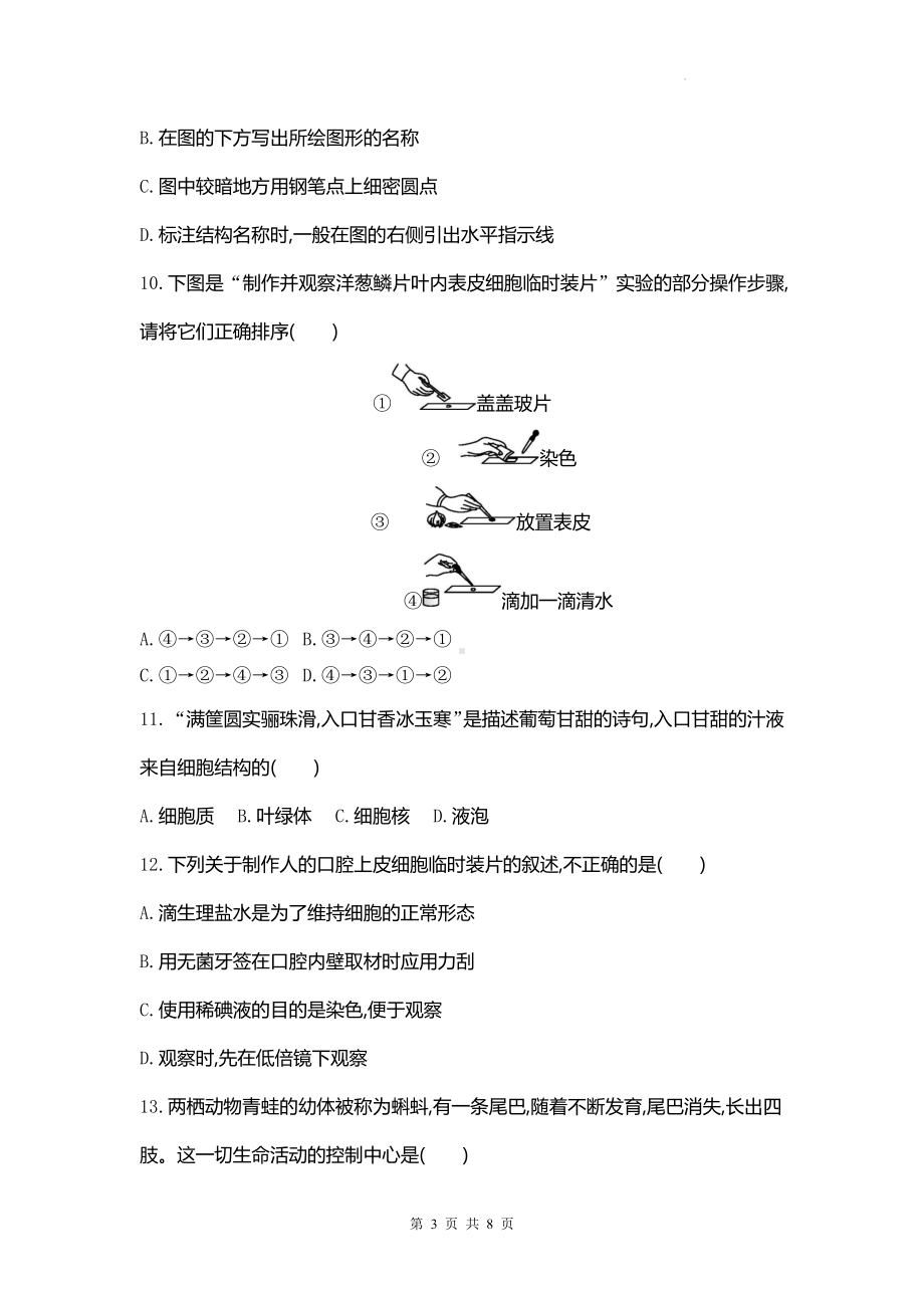 人教版（2024新版）七年级上册生物第一单元第一、二章综合测试卷（含答案）.docx_第3页