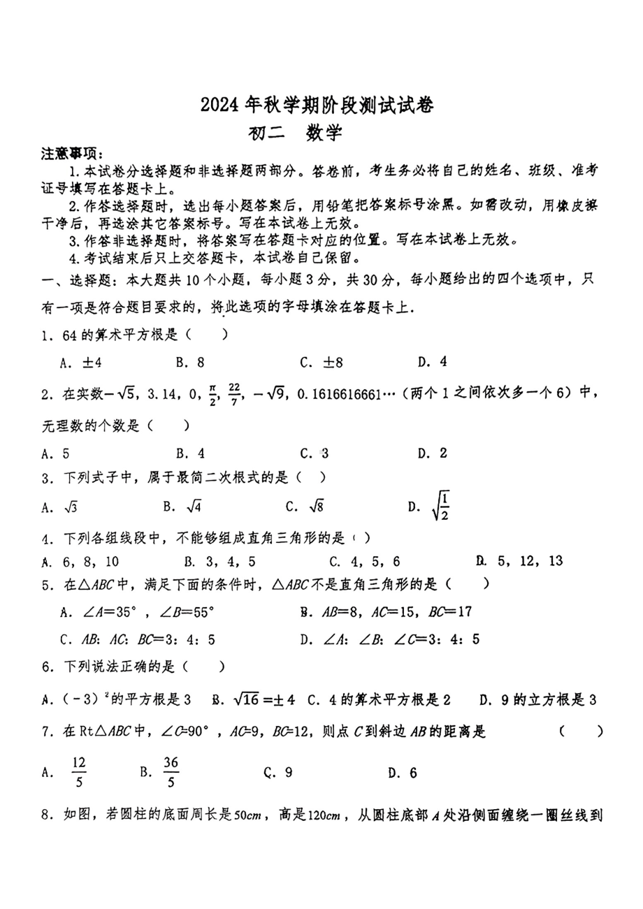 甘肃省张掖市育才中学2024-2025学年八年级上学期阶段测试数学试卷 - 副本.pdf_第1页