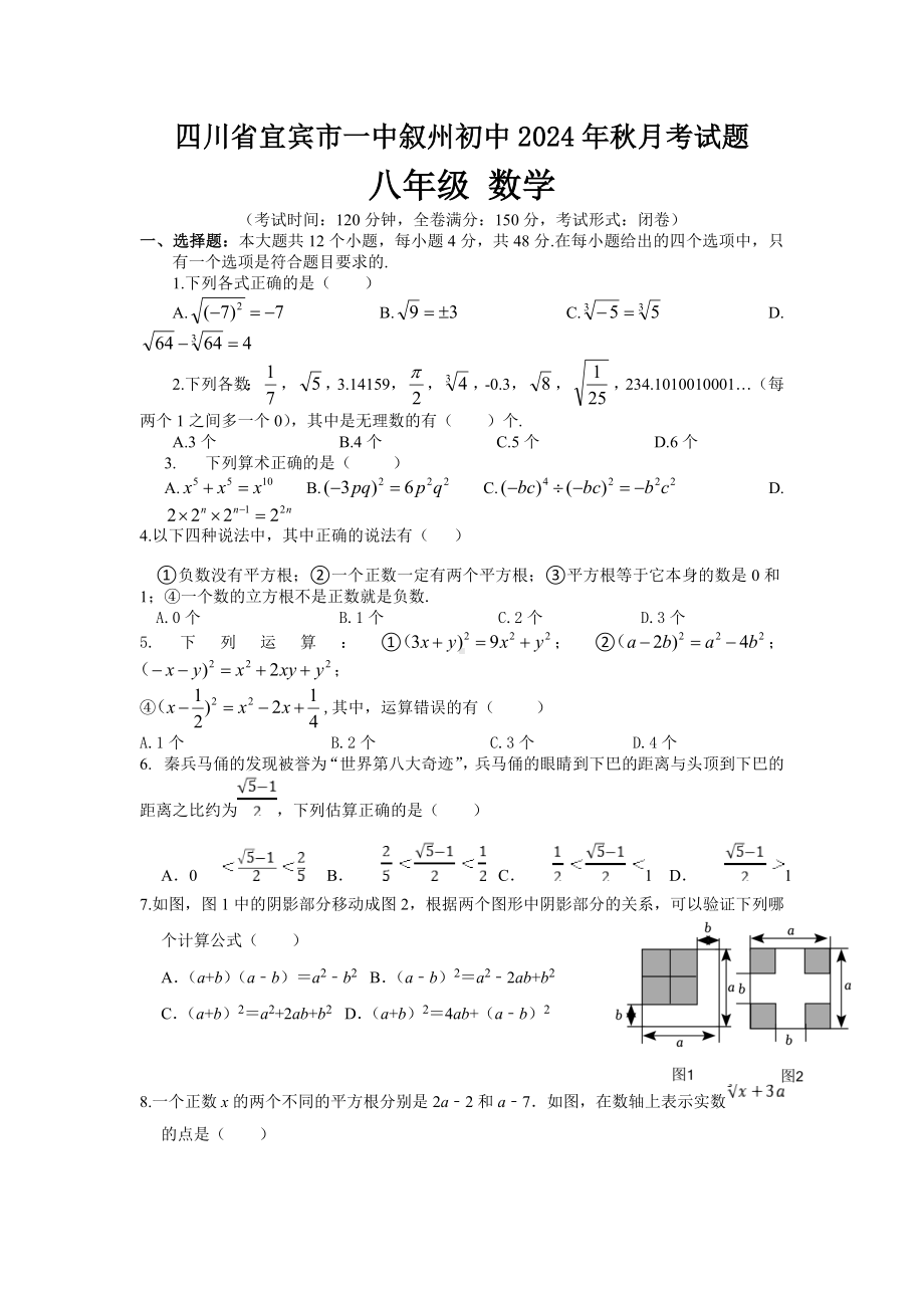 四川省宜宾市一中叙州区实验初级中学校2024—2025学年上学期八年级 数学月考试题 .doc_第1页